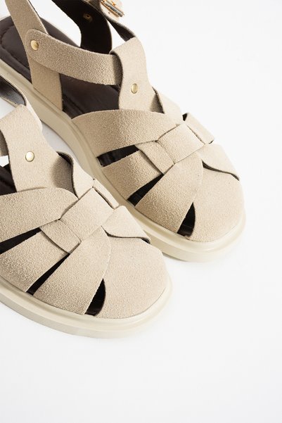 BURCU COLLECTİON Sofi̇a Beige Suede Women's Sandals with Adjustable Ankle Clasp Detail