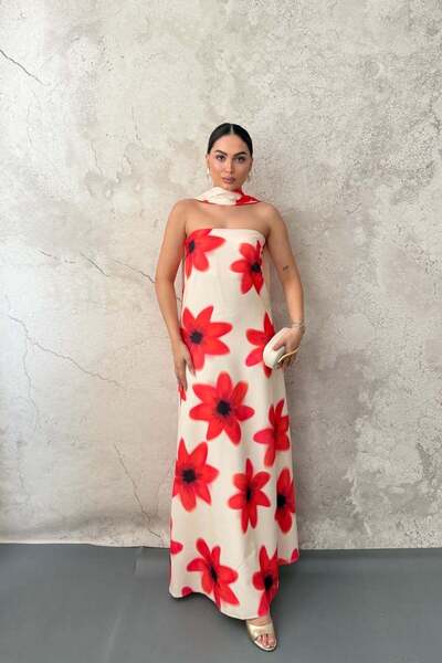 Elbee Fashion Woman Κίτρινο φόρεμα με φουλάρι στο λαιμό