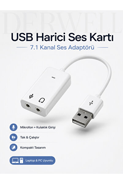 Derwell USB Ses Kartı Çift 3.5 mm Aux Girişli Mikrofon Kulaklık Ayırıcı Dönüş...