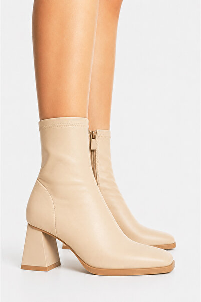 Scarpebutik Women's Beige Stretch Ankle Medium Heel Boots