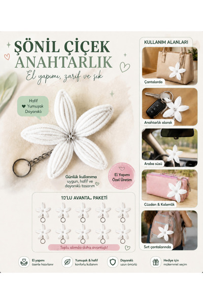 Design Elfida Şönil Çiçek Anahtarlık 10'lu Paket /El Yapımı / Çanta Süsü / Nikah, Söz, Nişan ve Doğum Günü Hediyeliği.