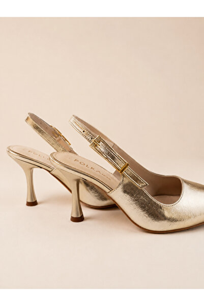 POLKA STORE Saint Gold Metal Toka Detaylı Sivri Burun Arka Açık Stiletto Abiye Topuklu Kadın Ayakkabı