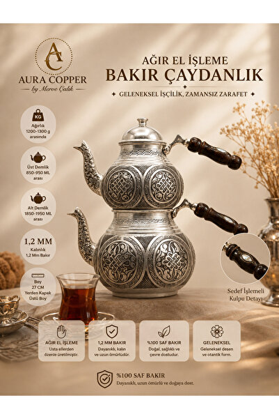 AURA COPPER Gaziantep Geleneksel Büyük Boy Bakır Çaydanlık El İşçiliği Ağır E...