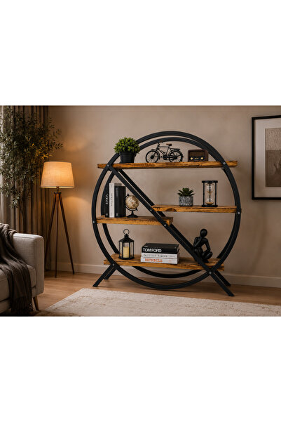 MAK DESIGN Yuvarlak Dekoratif Raf 70x70x20 cm Metal Ahşap Kitaplık