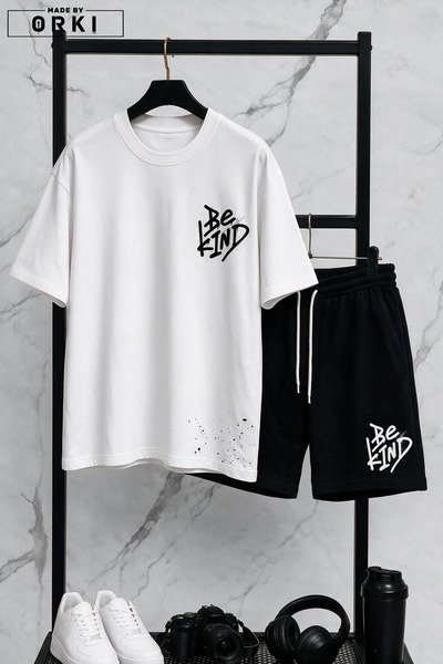 EFFRENATU Be Kind Printed Cotton Fabric Men's Black T-Shirt-Shorts Set