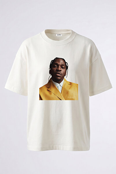 Anetos تي شيرت أبيض كبير الحجم مطبوع بتصميم Pusha T