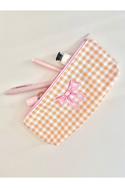 Lulishop Yellow Checkered Ribbon Printed Fabric Pen Holder