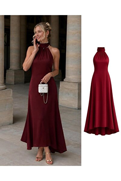 Häula Haula Bordo Saten Halter Yaka Abiye Elbise