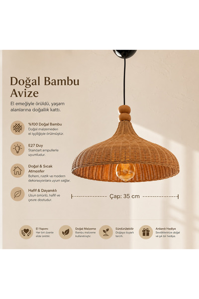 defnetasarimbambu El Yapımı Bambu Avize 35 cm – Doğal Bohem Sarkıt Aydınlatma