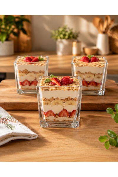 Nobrand Premium Kalın Kare Cam Magnolia Tiramisu Porsiyonluk Tatlı Sunum Kase...