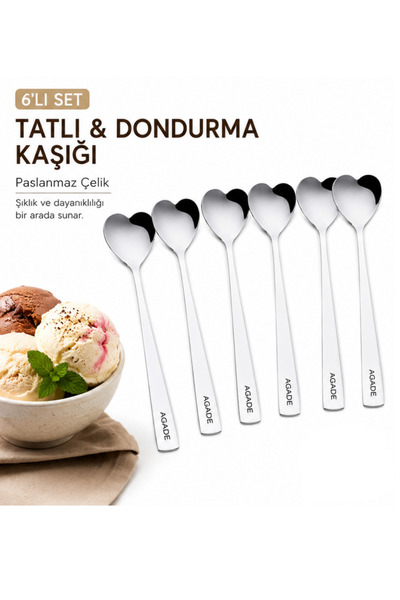 AGADE 6 Adet Kalp Tasarımlı Paslanmaz Çelik Dondurma ve Tatlı Kaşığı %100 Çel...