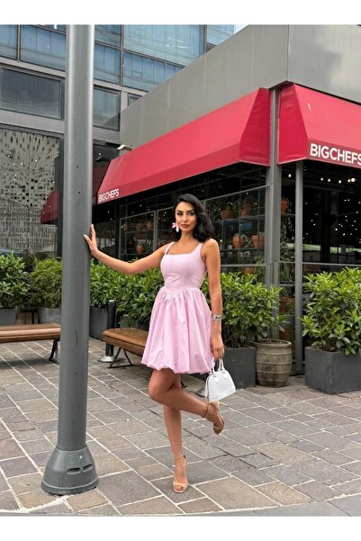 ROSYPOSY Kadın Pembe Balon Etekli Kare Yaka Mini Elbise