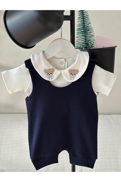 Mama Miel Baby Men's Bear Embroidered Collar Detailed Bodysuit and Navy Blue ...