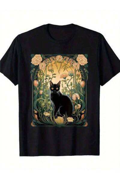 Astogria13 تي شيرت Black In Garden بتصميم عتيق بنمط آرت نوفو مزين بالزهور، تي...