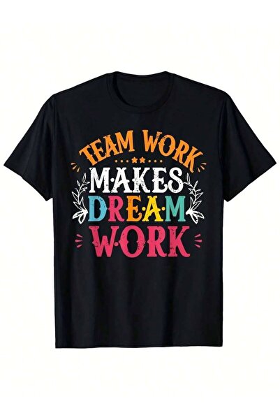 Astogria13 تي شيرت Team Makes Dream Work - أسود مع طباعة شعار العمل الجماعي ا...