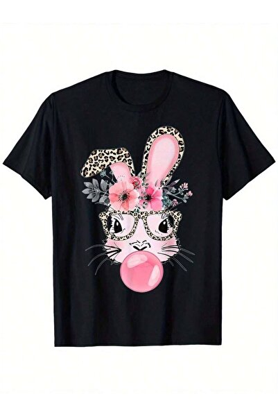 799 Cute Bunny With Leopard Glasses Bubblegum Easter Day T-Shirt, Suitable Fo...