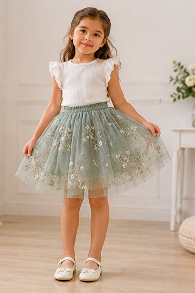 Cortigiani Girls Embroidered Green Tulle Skirt