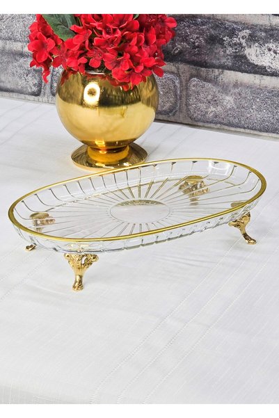 SEÇKİNEV ELEGANT CAM OVAL, DÖKÜM METAL 4 AYAKLI SUNUM TABAĞI ALTIN/GÜMÜŞ/ESKİTME