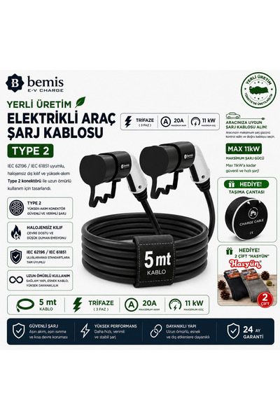 Bemis Elektrikli Araç Şarj Seti Tip 2 (Type2) Her Marka Araç için Uyumlu, Trifaze, 20A 11kW 5 Mt Kablolu 5×2,5 mm² + 1×0,75 mm² Halojensiz Kablo CE