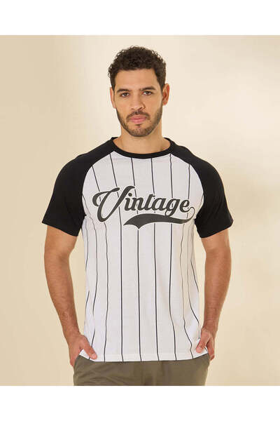 REDTAG Men White And Black Vintage Printed Jersey T Shirt