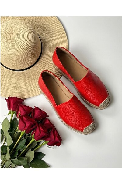 futsi shoes MILET Kırmızı Hakiki Deri Dikiş Detaylı Kadın Espadril