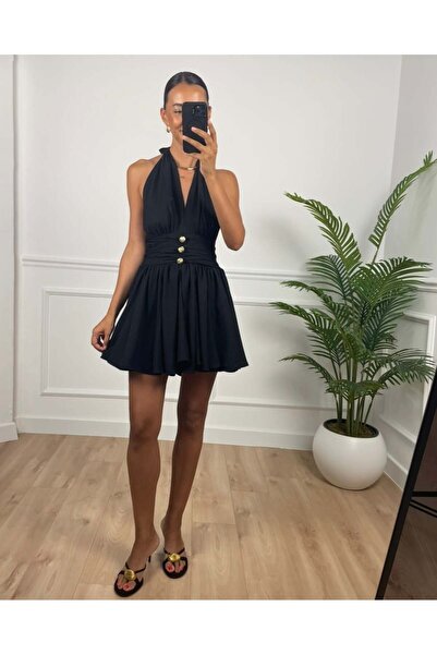 Myrum butik Μίνι φόρεμα Puglia μαύρο με δέσιμο στο λαιμό