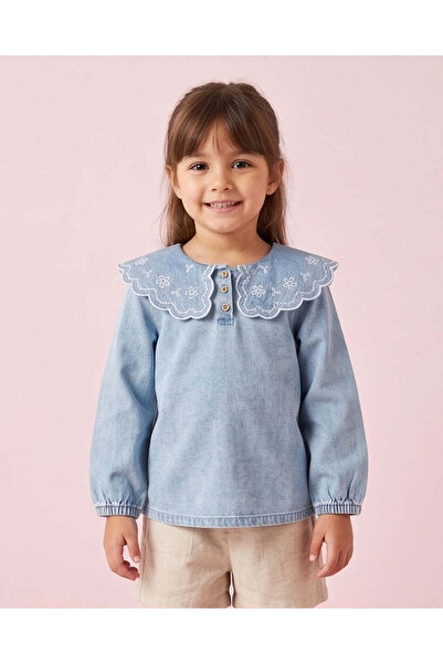 REDTAG Girls Light Wash Scallop Collar Embroidered Blouse