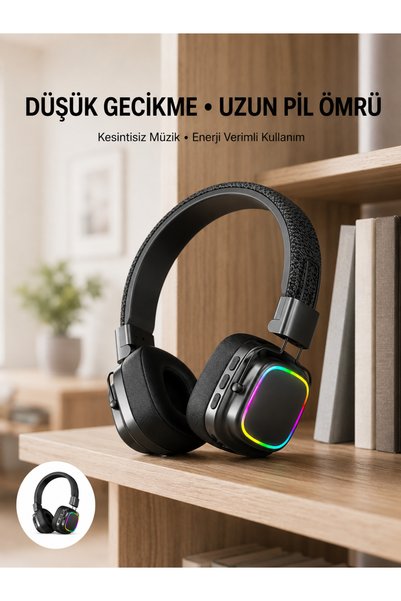 AKILLI Bluetooth 5.3 Rainbow Işıklı Kulak Üstü Kablosuz Kulaklık Yeni Nesil