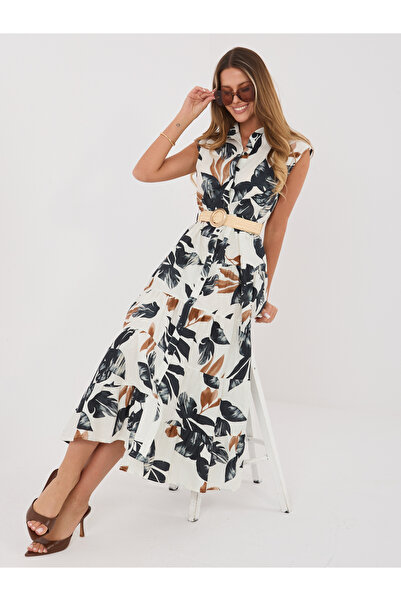UFashion Μίντι αμάνικο φόρεμα με τροπικό σχέδιο και ζώνη