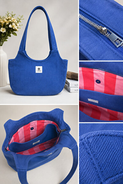 Calliopia Ocean Mavi Denim Kot El ve Omuz Çantası /Renkli Astarlı/Bölmeli