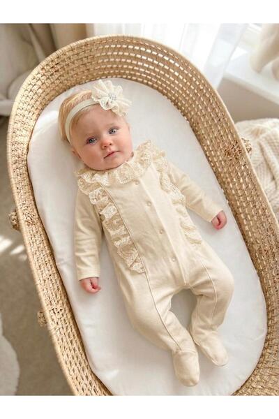Bebila Baby Baby Girl Mevlütlük Jumpsuit with Lace Bandana 100% Cotton Hospit...