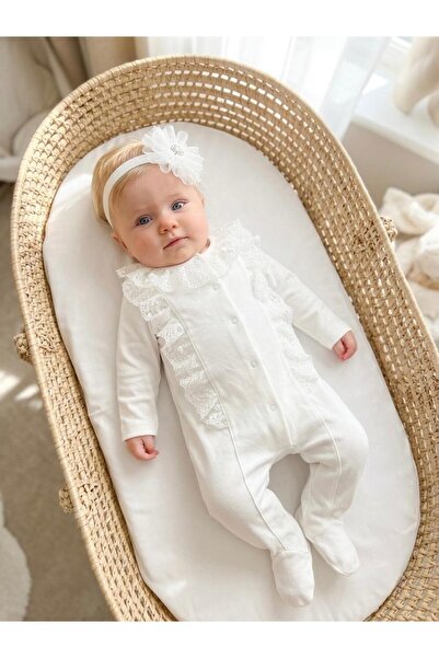 Bebila Baby Baby Girl Mevlütlük Jumpsuit with Lace Bandana 100% Cotton Hospit...