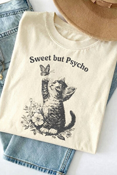 Oceanwear Cute Cat Printed Short Sleeve Women's Beige Tshirt