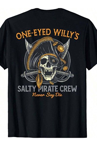 45 BPM تي شيرت ONE EYED WILLY'S بتصميم جرافيك - نص برتقالي جريء مع تصميم سيوف...