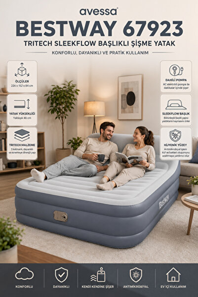 AVESSA 67923 Tritech SleekFlow Başlıklı Şişme Yatak - Geniş Çift Kişilik Ölçü...