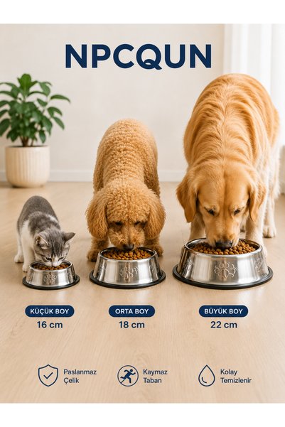 NPCQUN 16 cm Kaymaz Taban Paslanmaz Çelik Kedi ve Köpek Mama Su Kabı