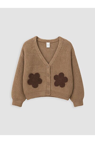 LC Waikiki V-Neck Floral Embroidered Girls' Knitwear Cardigan (W6)