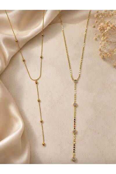 Alışveriş Kasabası 2-Piece Stone Patterned Steel Gold Necklace