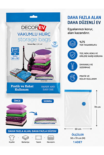 DZ vakumlu hurç saklama poşeti 50*70 cm orta boy vakum torbası %75 yer tasarrufu
