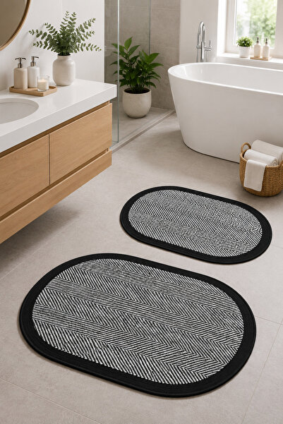 DECOVİST HOME Kaymaz Tabanlı Yıkanabilir 2’li Oval Gri Banyo Paspası ve Kloze...