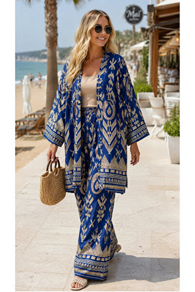 forte bella Trend Etnik Desen Dokuma Viskon Kuşaklı Kimono