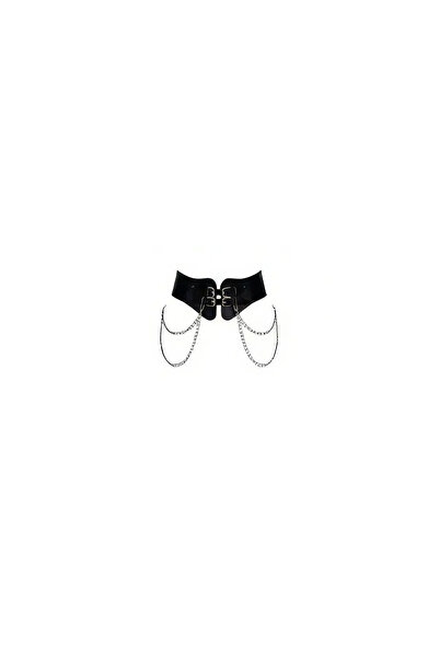 Angels Passion Black Leather Corset Waist Belt with Chain Detail