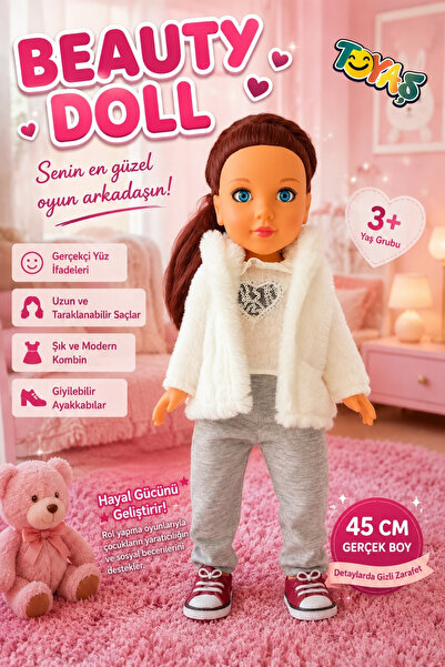 Toyaş Beauty Doll 45 cm Gerçekçi Et Bebek Uzun Saçlı Hareketli Kollu ve Bacak...