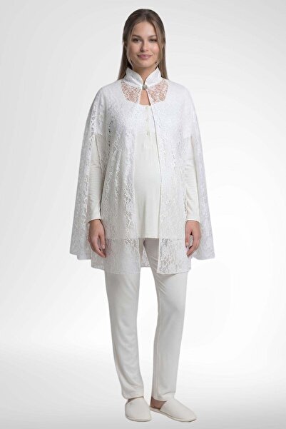 Mecit Pijama طقم بيجامة للحوامل من ميكيت 6402 أنيق من الدانتيل بلون إكرو مع ع...