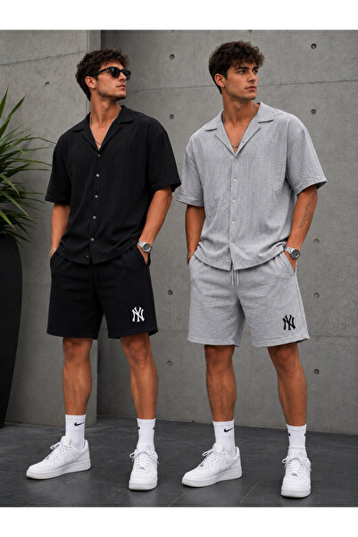 CAONNES 2-Pack Ny Printed Shorts for Men (Black-Grey) Summer Shorts Comfortab...