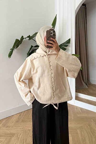 LOCCO Women's Lapel Button Detailed Double Pocket Linen Shirt Detail Jacket C...