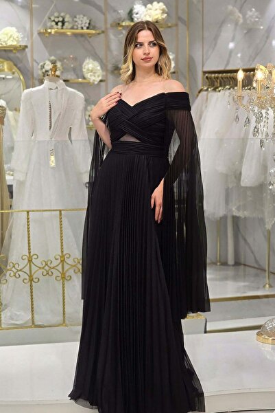 Yonca Moda Evi Siyah Ön Çapraz Detaylı Abiye 190