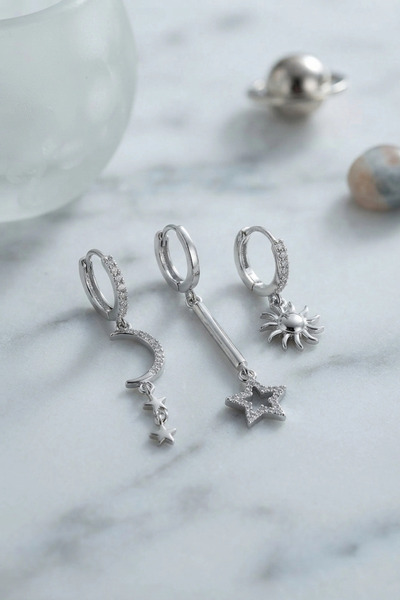 Generic Brand Set of 3 Moon, Star and Sun Model Silver Color Women's Earrings