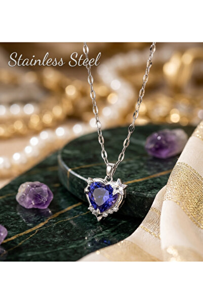 stainless steell سلسلة فولاذية 316L فضية اللون مع قلادة على شكل قلب أزرق لامع