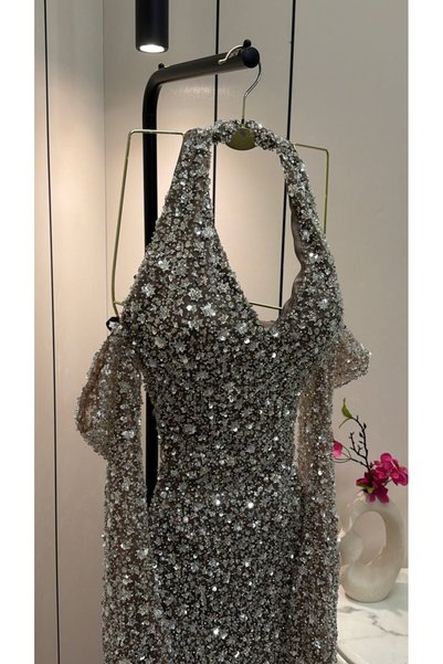NUHAIRa Sequin Embroidered Tulle Evening Dress